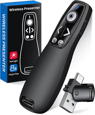 Presentation Clicker with USB-A & USB-C Receiver, 2.4GHz Wireless Presenter Remote with Volume Control & Red Light Pointer, Clicker for PowerPoint Slides Slide Advancer for Mac Computer, Plug & Play