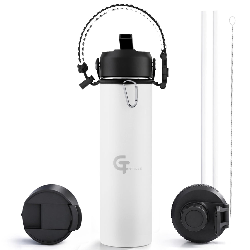 32oz Insulated Stainless Steel Water Bottle with 3 Lids & Paracord Handle – Leakproof Wide Mouth Metal Sports Bottle for Gym, School & Travel (White, 32oz)