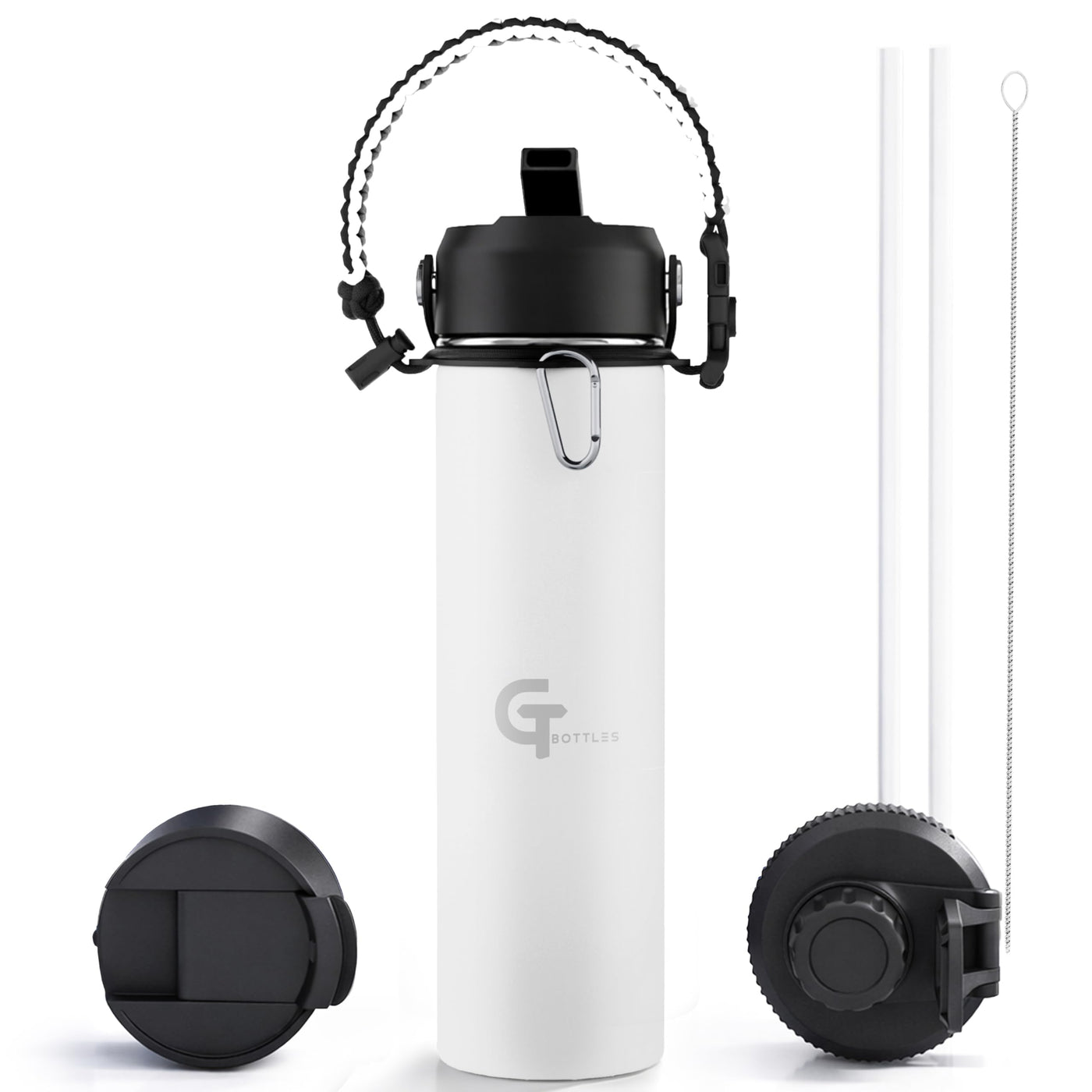 32oz Insulated Stainless Steel Water Bottle with 3 Lids & Paracord Handle – Leakproof Wide Mouth Metal Sports Bottle for Gym, School & Travel (White, 32oz)