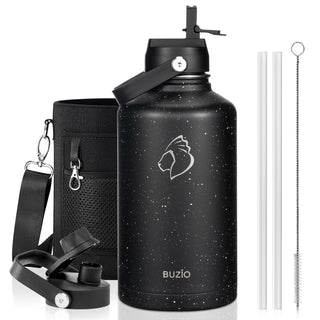 BUZIO 40oz Insulated Water Bottle, Triple Wall Vacuum Stainless Steel Water Flask with 2 lids, Lead-Free BPA-Free Straw Lid Sports Canteen Jug, Cold 48H & Hot 24H- Black