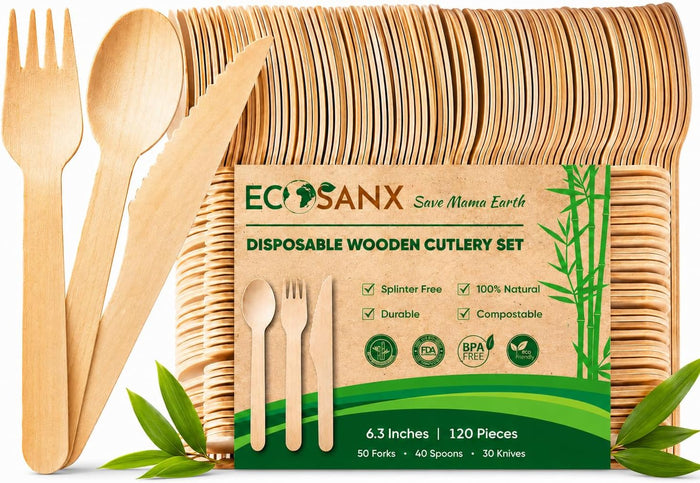 ECOSANX® 120 PCs Disposable Wooden Cutlery set 6.3" Splinter Free Compostable Utensils for party, Eco-Friendly, 100% All-Natural Bamboo Utensils set for picnic, Bamboo cutlery set for Events & More