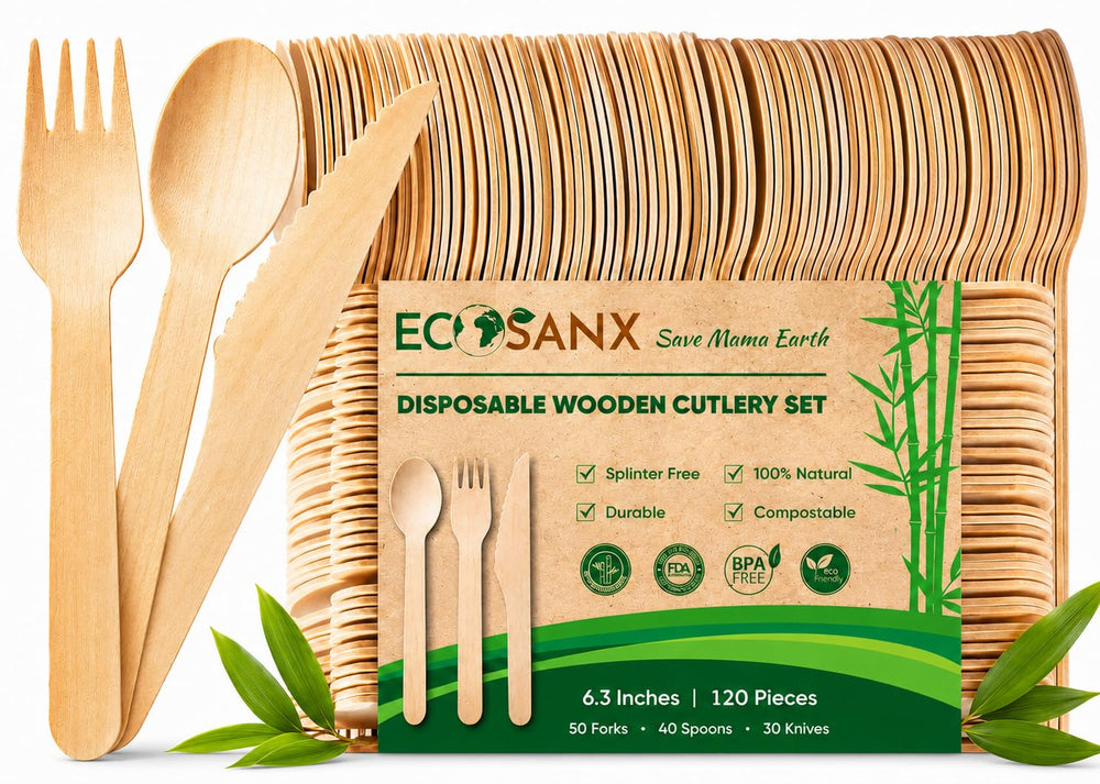 ECOSANX® 120 PCs Disposable Wooden Cutlery set 6.3" Splinter Free Compostable Utensils for party, Eco-Friendly, 100% All-Natural Bamboo Utensils set for picnic, Bamboo cutlery set for Events & More