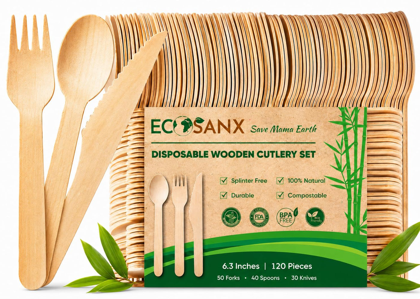 ECOSANX® 120 PCs Disposable Wooden Cutlery set 6.3" Splinter Free Compostable Utensils for party, Eco-Friendly, 100% All-Natural Bamboo Utensils set for picnic, Bamboo cutlery set for Events & More