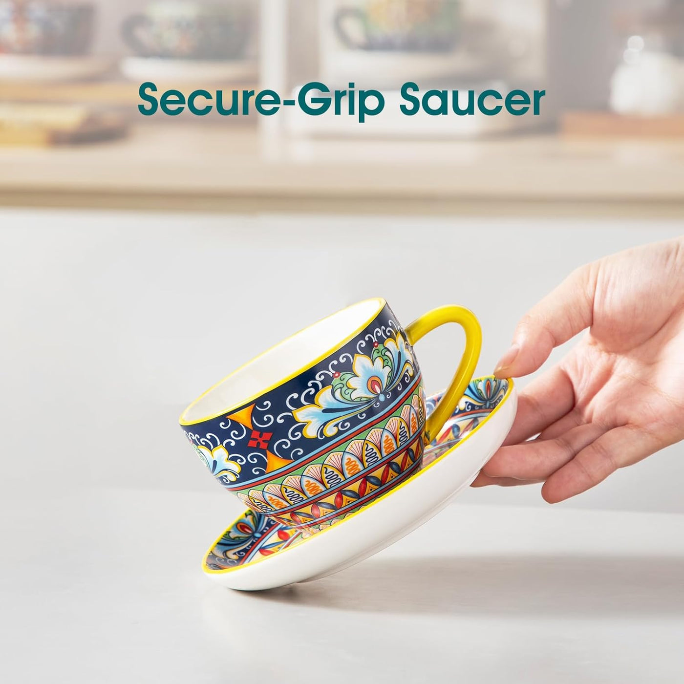 vancasso 8 oz Cappuccino Cups with Saucers Set of 6, Bohemian Ceramic Coffee Cup for Latte, Tea, Espresso, Microwave & Dishwasher Safe - Porcelain Tea Cups and Saucers for Kitchen or Cafe