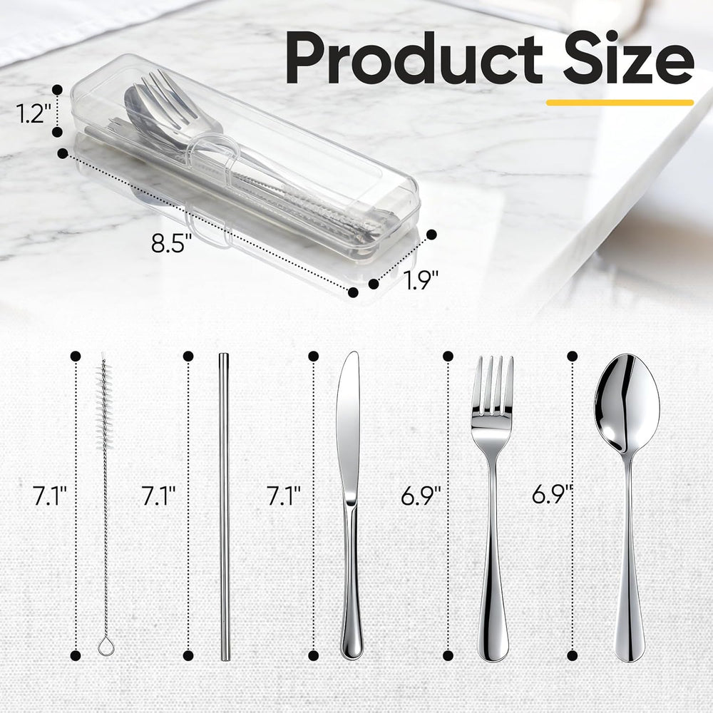 Travel Camping Utensils with Case, 6 Pcs Reusable Stainless Steel Silverware Cutlery Set, Spoon, Fork, Knife + Straw/Brush Kit for Camping, Travel, Office, Lunch Box, Eco On-the-Go (silver)