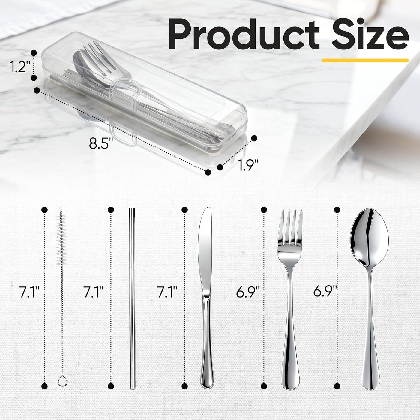 Travel Camping Utensils with Case, 6 Pcs Reusable Stainless Steel Silverware Cutlery Set, Spoon, Fork, Knife + Straw/Brush Kit for Camping, Travel, Office, Lunch Box, Eco On-the-Go (silver)
