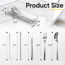Travel Camping Utensils with Case, 6 Pcs Reusable Stainless Steel Silverware Cutlery Set, Spoon, Fork, Knife + Straw/Brush Kit for Camping, Travel, Office, Lunch Box, Eco On-the-Go (silver)