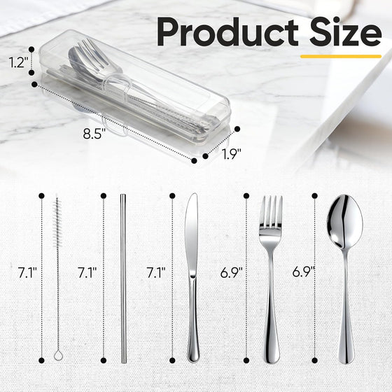 Travel Camping Utensils with Case, 6 Pcs Reusable Stainless Steel Silverware Cutlery Set, Spoon, Fork, Knife + Straw/Brush Kit for Camping, Travel, Office, Lunch Box, Eco On-the-Go (silver) - hover image
