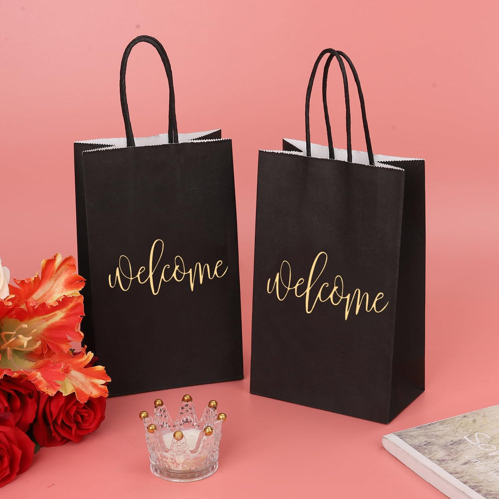 50 Pack Small Welcome Gift Bags 9x5.5x3.15 Inch with 50 Sheets White Tissue Paper for Wedding Hotel Guests, Black Party Favor Bags with Handles for Engagements, Baby Showers, Birthday Goodies