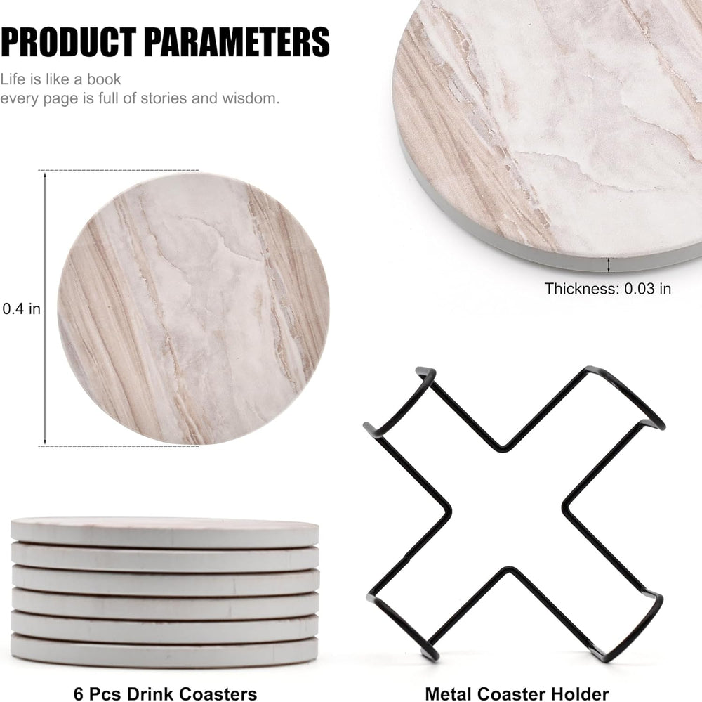 6Pcs Drink Coasters with Holder, Marble Style Ceramic Drink Coaster, Absorbent Coasters Set Suitable for Kinds of Cups, Modern Style Coaster for Coffee Table, 4 Inches