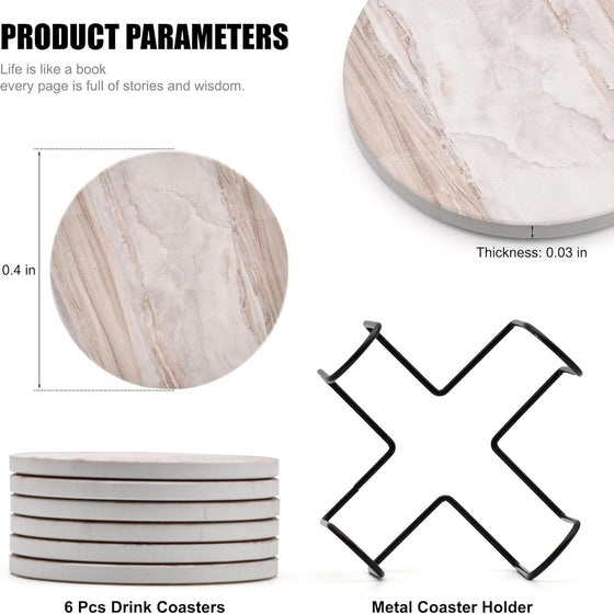 6Pcs Drink Coasters with Holder, Marble Style Ceramic Drink Coaster, Absorbent Coasters Set Suitable for Kinds of Cups, Modern Style Coaster for Coffee Table, 4 Inches - hover image