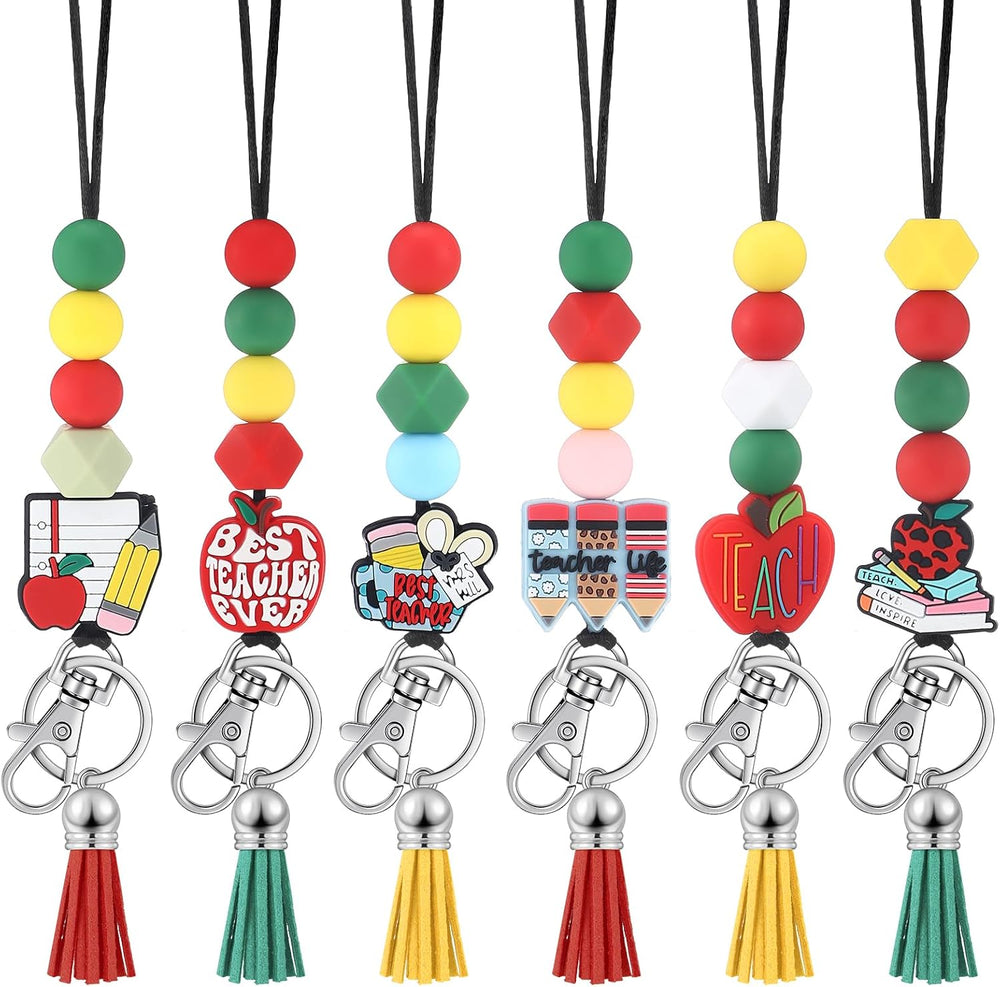 Misdary 6 Pcs Teacher Lanyards Cute Beaded Breakaway Clasp Retractable Badge Reel Lanyard Teacher Gift for ID Badges Holder Christmas Keychain Women(Apple Theme)