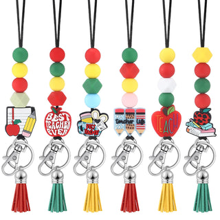 Misdary 6 Pcs Teacher Lanyards Cute Beaded Breakaway Clasp Retractable Badge Reel Lanyard Teacher Gift for ID Badges Holder Christmas Keychain Women(Apple Theme)