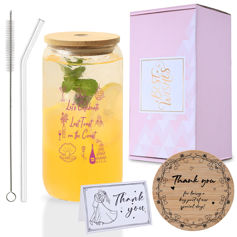 Mr. & Mrs. Glass Tumbler Set, 16oz Glass Cups with Bamboo Lids, Straws & Coasters, Bridal Shower & Wedding Thank You Gift for Couples