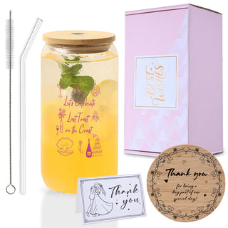 Mr. & Mrs. Glass Tumbler Set, 16oz Glass Cups with Bamboo Lids, Straws & Coasters, Bridal Shower & Wedding Thank You Gift for Couples