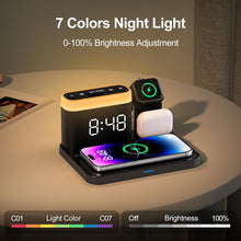 ANJANK Wireless Charging Station,5 in 1 Multiple Charger Stand with Alarm Clock,7 Night Light,Magnetic Charging Dock for iPhone 17 16 15 14 13 12 Pro Max Plus,Apple Watch 11/10/9/8,for Airpods,Bedroom