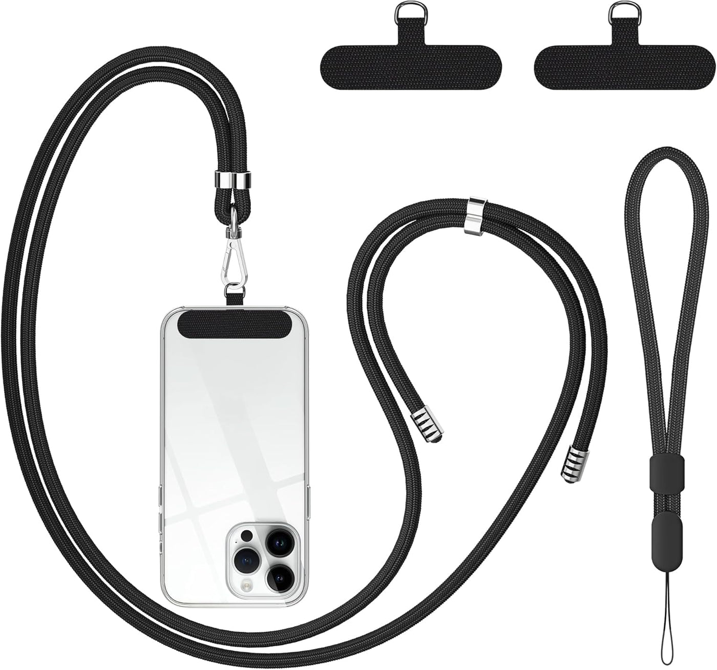 takyu Phone Lanyard, 2 Pack Adjustable Cell Phone Lanyard Crossbody Neck Strap & 2 Pack Phone Wrist Strap with 2 Pcs Tether Tabs Compatible for iPhone Android Smartphones-Black Grey