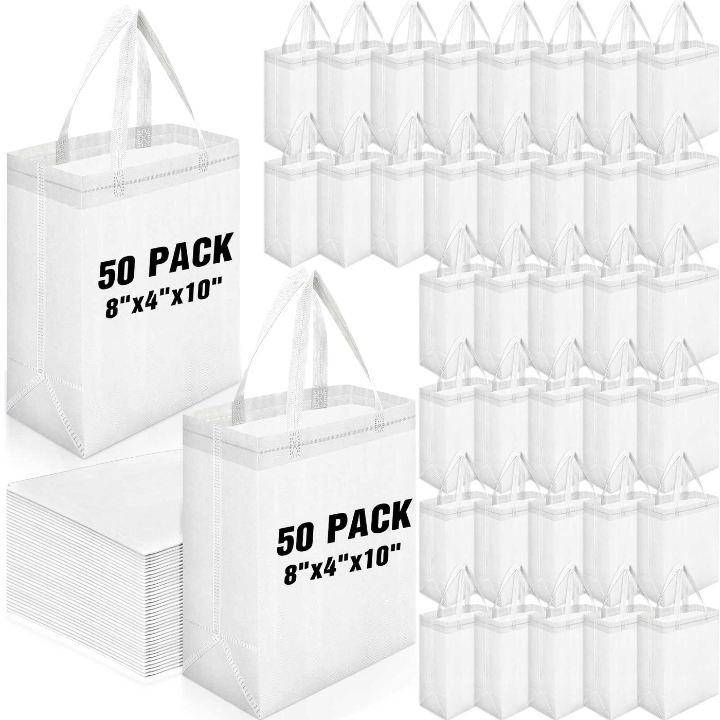 Windyun 50 Pcs Reusable Tote Bag Bulk 8 x 4 x 10 Inch Non Woven Shopping Bag with Handle Reusable Portable Grocery Gift Tote (Black)