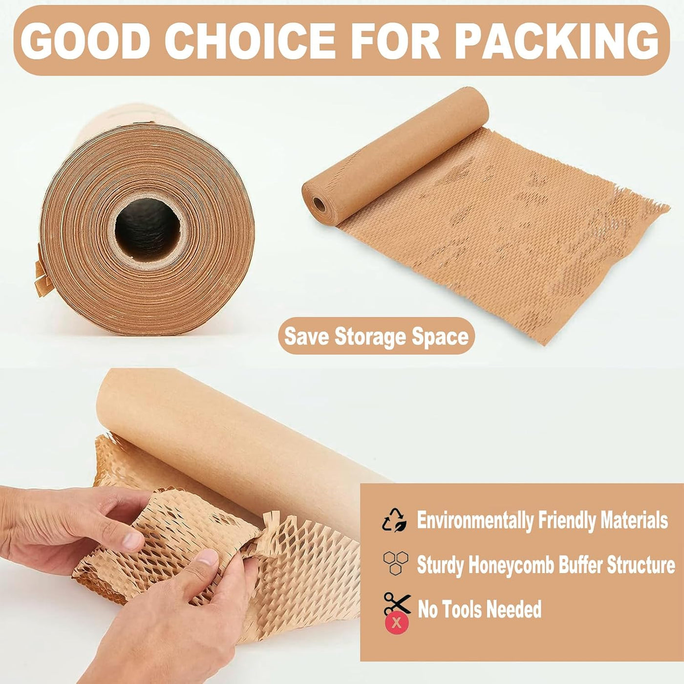 Honeycomb Packing Paper 12" x 230' (70m) with Fragile Stickers, Plastic-Free Recyclable Kraft Cushioning Wrap, Bubble Wrap Alternative for Shipping Moving and Fragile Item Packaging