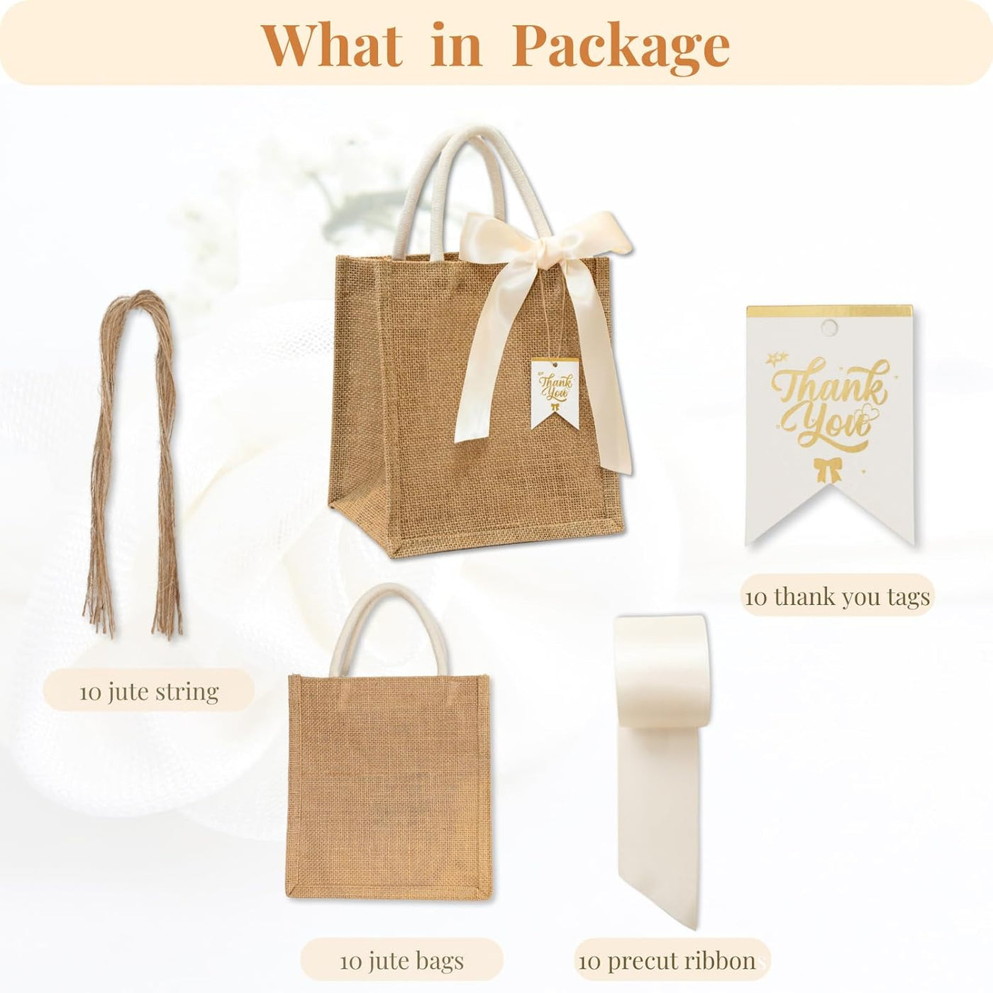 JollyFayre Small Burlap Gift Bags 10 Pack for Wedding Welcome, Bachelorette, Beach, Bridesmaid - Reusable Bulk Jute Bags with Cream Ribbons