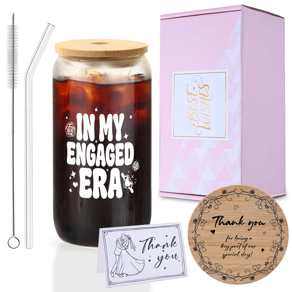 Mr. & Mrs. Glass Tumbler Set, 16oz Glass Cups with Bamboo Lids, Straws & Coasters, Bridal Shower & Wedding Thank You Gift for Couples