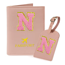 COSHAYSOO Purple Passport Cover Holder and Initial Luggage Tag Set TSA Approved with Personalized Monogram Chenille Letter Patch for Women Teen Girls, Cute Travel Bag Suitcase Identifier (A)