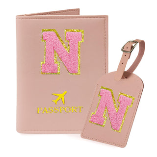 COSHAYSOO Purple Passport Cover Holder and Initial Luggage Tag Set TSA Approved with Personalized Monogram Chenille Letter Patch for Women Teen Girls, Cute Travel Bag Suitcase Identifier (A)