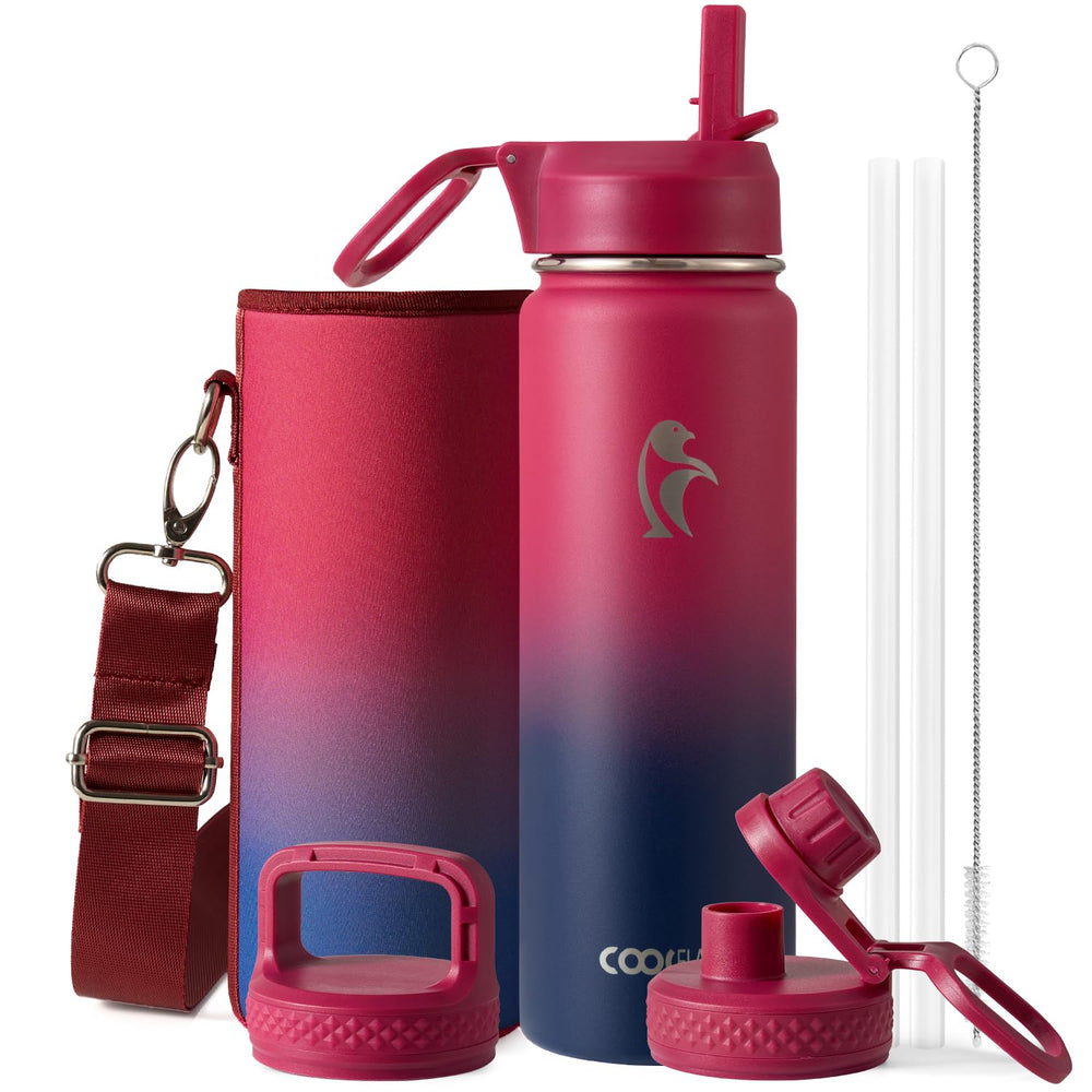 Water Bottle 40 oz Insulated with Straw&Brush, Coolflask Vaccum Stainless Steel Metal 3 Lids Water Flask for Sports, Gym or Office, Keep Cold 48H Hot 24H, Magic Black