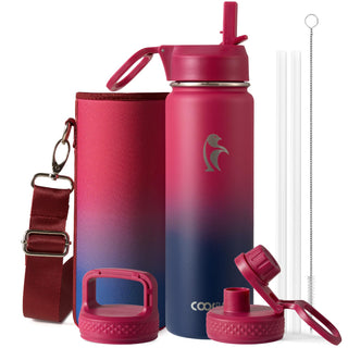 Water Bottle 40 oz Insulated with Straw&Brush, Coolflask Vaccum Stainless Steel Metal 3 Lids Water Flask for Sports, Gym or Office, Keep Cold 48H Hot 24H, Magic Black