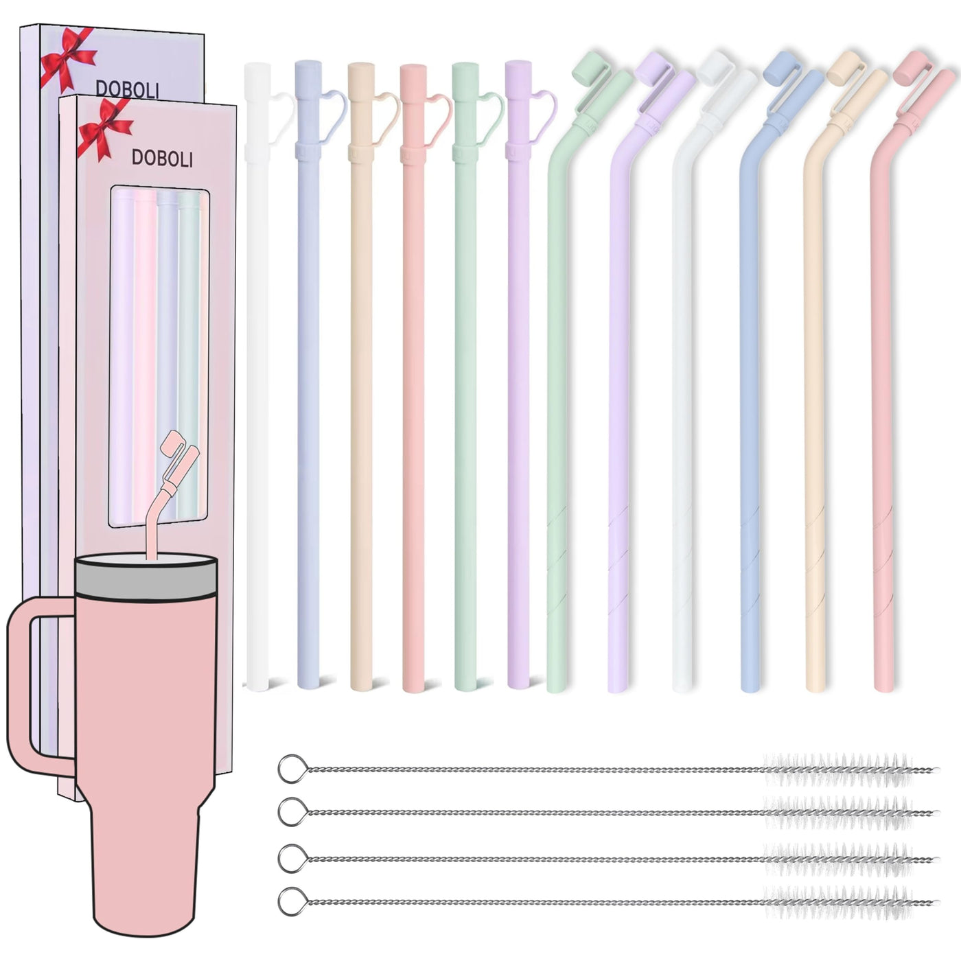 Reusable Replacement 12 inch Long Silicone Straw With Cover, Stocking Stuffers Gifts for Women Men Teens Girls Boys, Compatible with Stanley Tumbler Cup Accessorie 40 oz 30 oz (6 Pack)