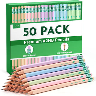 Taja 50 Pack Wood-Cased #2 HB Pencils, Bulk Pre-Sharpened Pencils with Top Erasers, Perfect for School & Classroom Writing and Drawing - Macaron