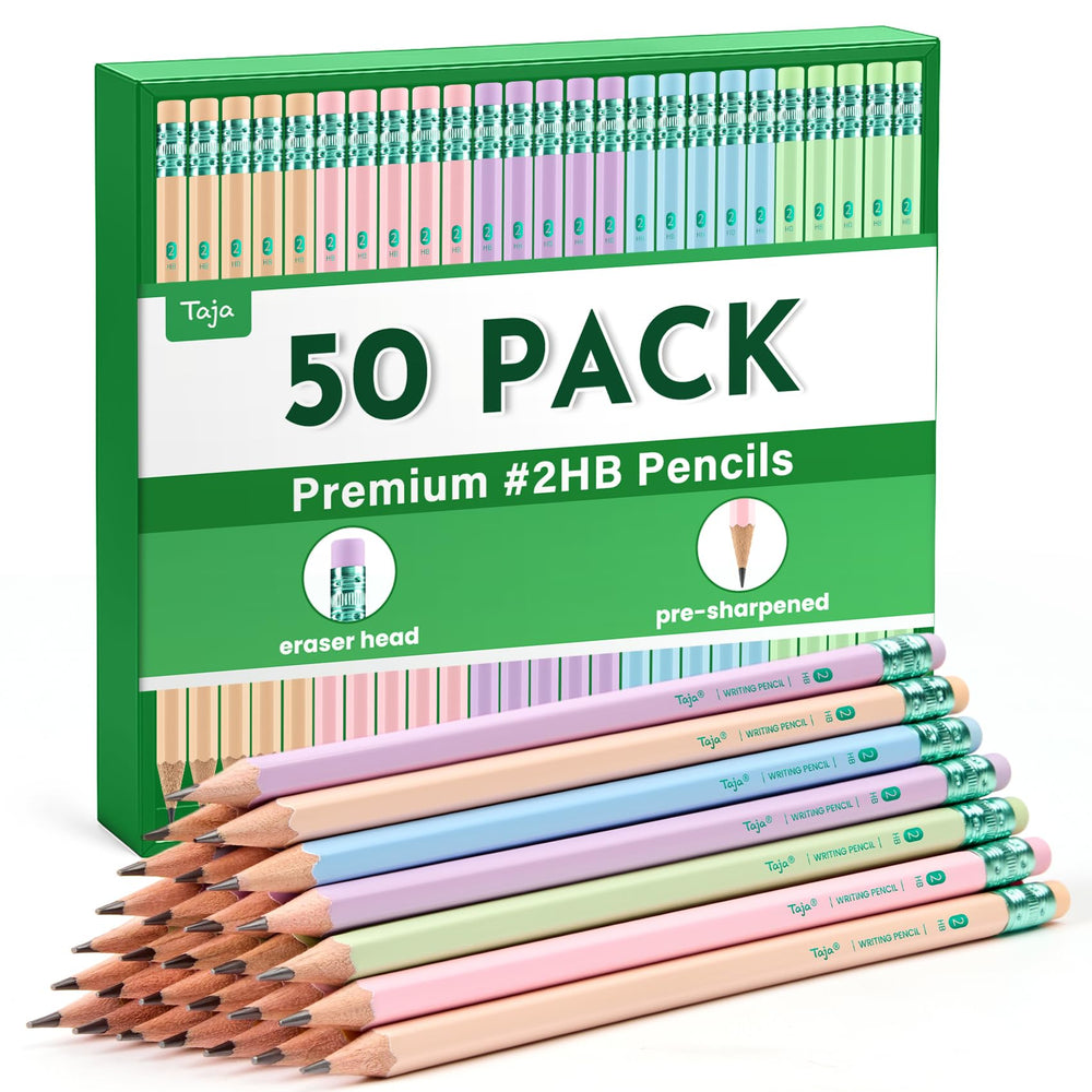 Taja 50 Pack Wood-Cased #2 HB Pencils, Bulk Pre-Sharpened Pencils with Top Erasers, Perfect for School & Classroom Writing and Drawing - Macaron