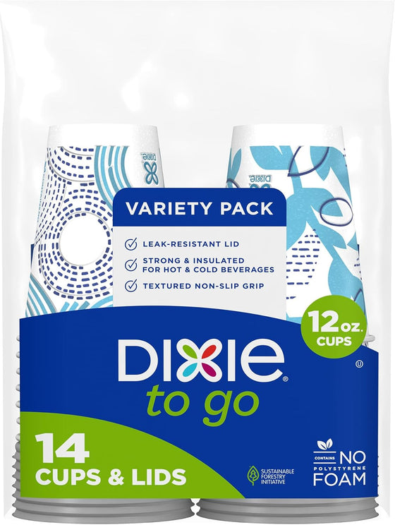 Dixie To Go Paper Coffee Cups With Lids,12 oz, 14 ct, Disposable Insulated Paper Cups for On-The-Go Hot or Cold Beverages | Medium