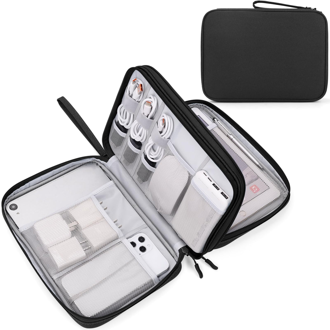 FYY Travel Cable Organizer Pouch Electronic Accessories Carry Case Portable Waterproof Double Layers All-in-One Storage Bag for Cord, Charger, Phone, Earphone Black