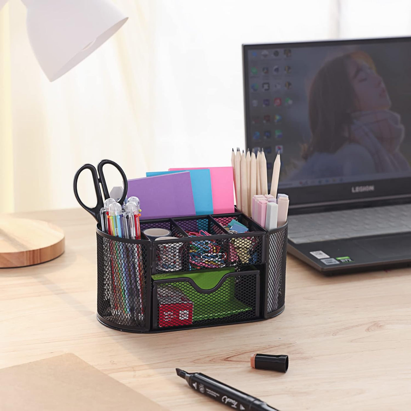 EOOUT Desk Organizer, Pencil Holder for Desk, Mesh Office Desk Accessories with 8 Compartments and 1 Drawer Stationery Holder School Supplies