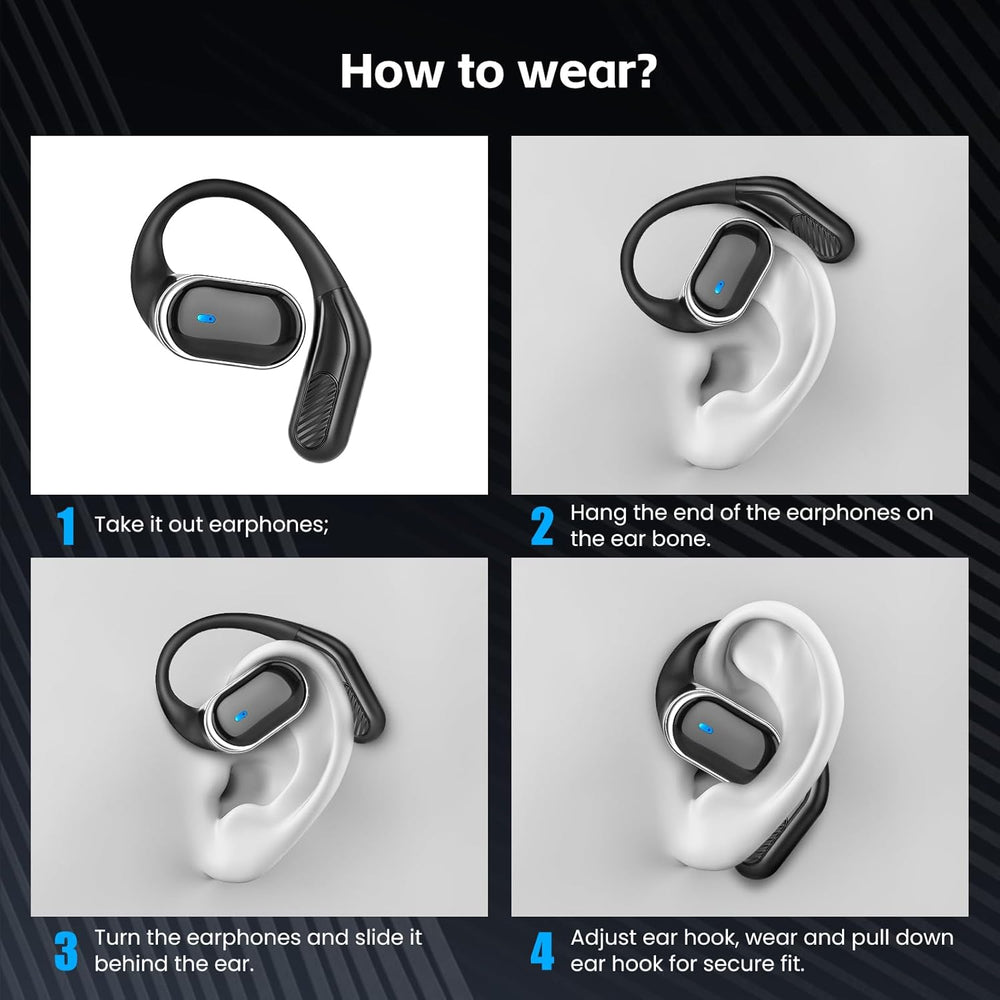 TRAUSI Open Ear Wireless Earbuds Bluetooth Headphones, 80H Playtime Stereo Ear Buds with ENC Noise Cancelling, Fast Charging, IPX7 Waterproof Sports Earphones with Earhook for Running/Workouts Black