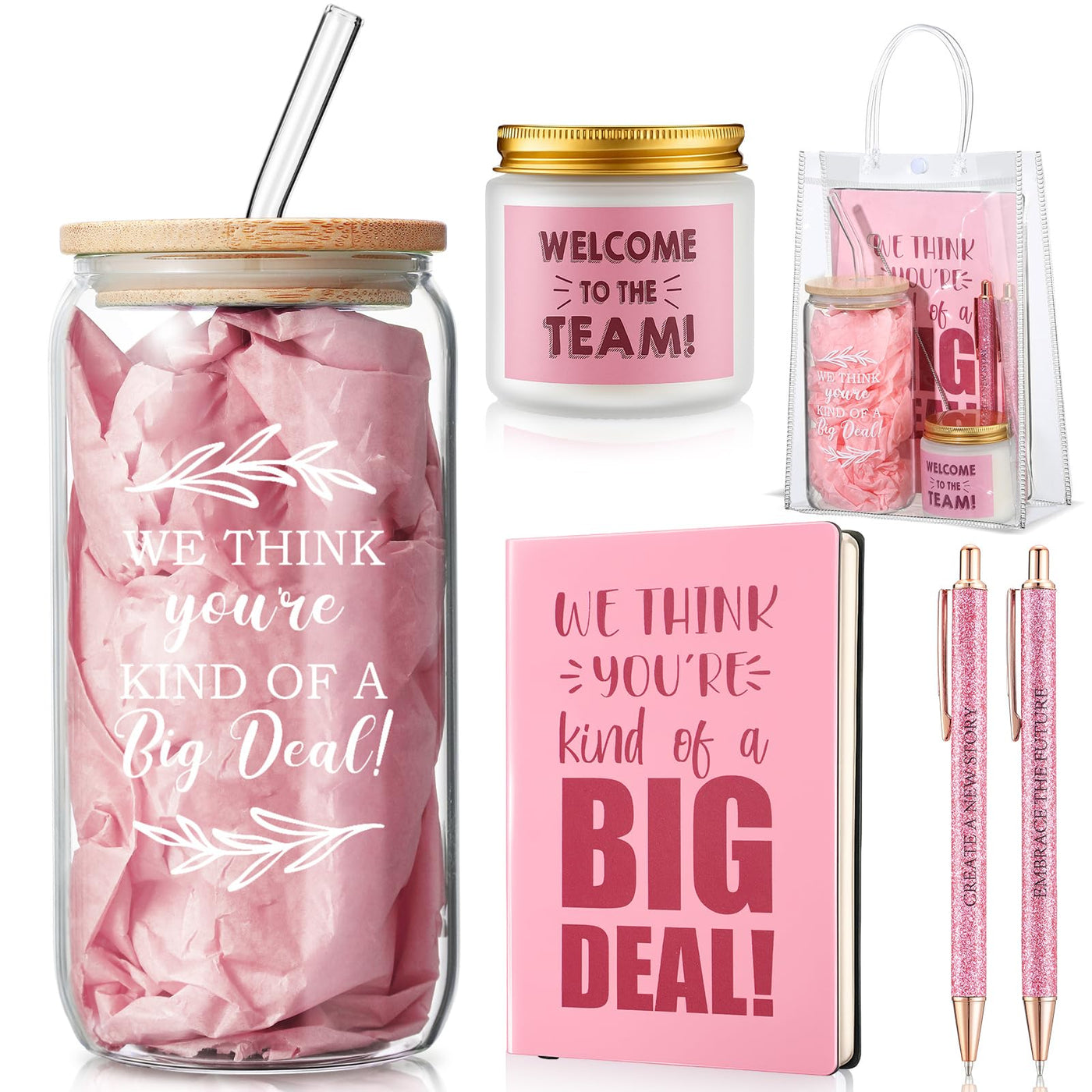 Thenshop 6 Pcs Welcome to the Team Gifts Bulk for New Employee Inspirational Glass Tumbler Notebook Pens Scented Candle with PVC Bag Employee Appreciation Gift Set for New Coworker Office (Sage Green)
