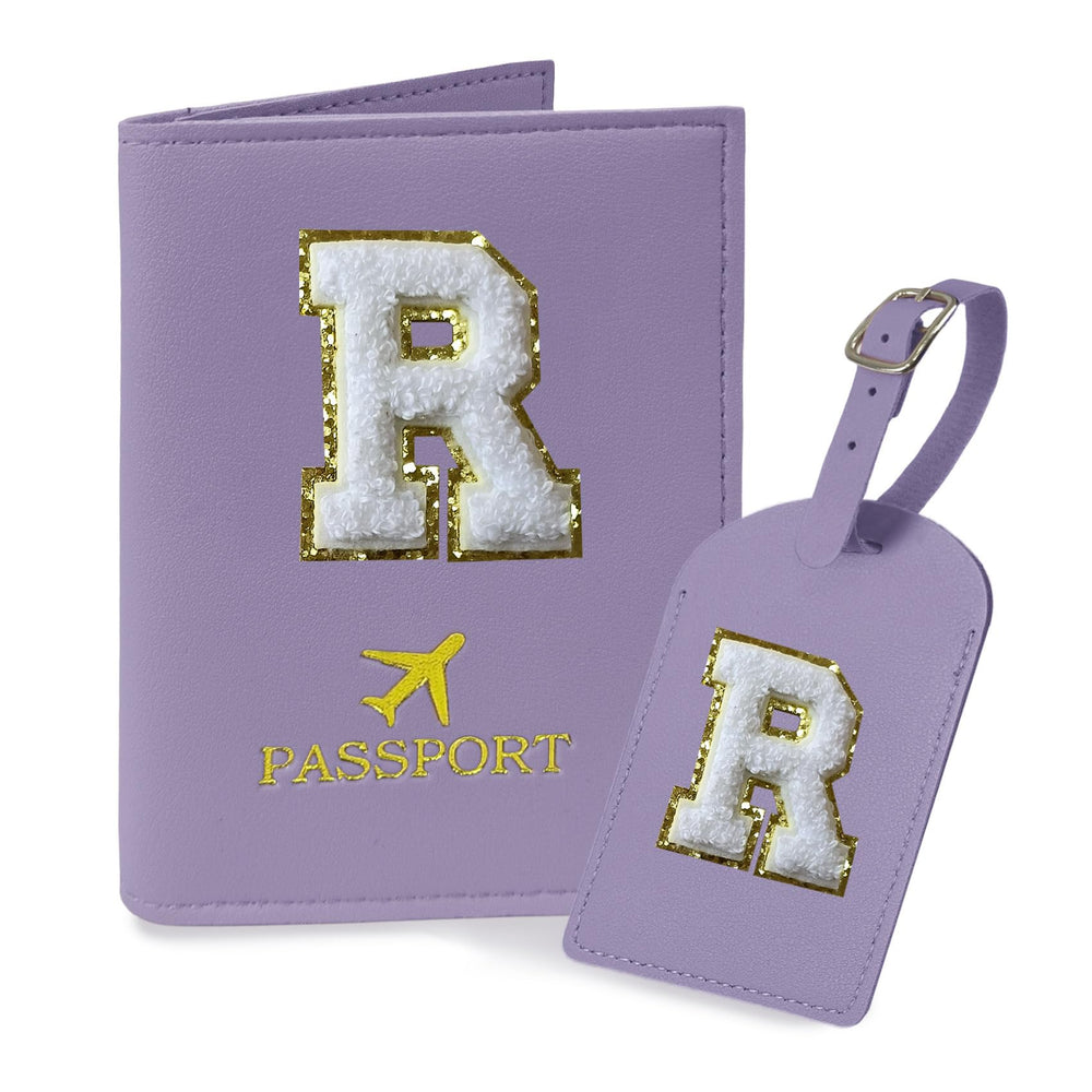 COSHAYSOO Purple Passport Cover Holder and Initial Luggage Tag Set TSA Approved with Personalized Monogram Chenille Letter Patch for Women Teen Girls, Cute Travel Bag Suitcase Identifier (A)
