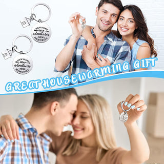Lallisa 4 Pcs Housewarming Gifts for New House 2 Stemless Wine Glasses Bottle and 2 New Home Keychain Adventures Keyrings for Newlywed Couple, Friends, Apartment Homeowner Newlywed