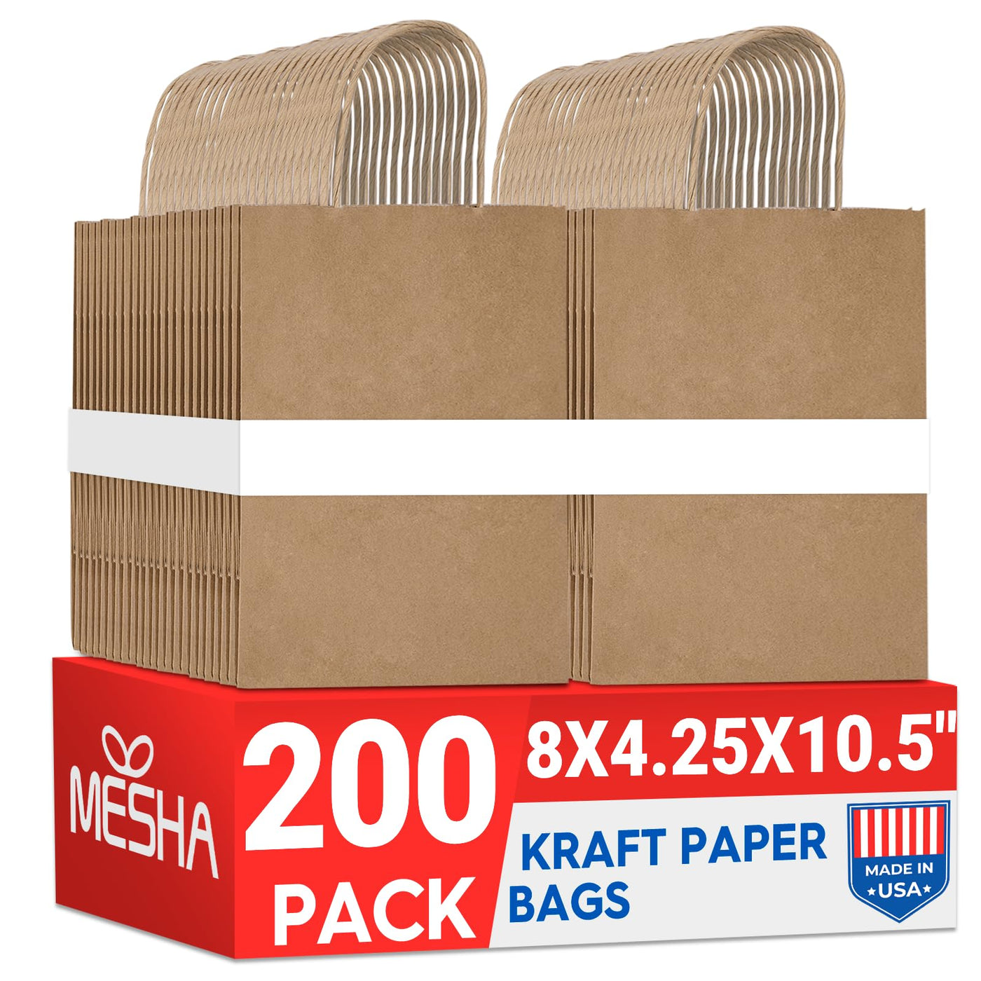 MESHA Brown Paper Bags 8x4.25x10.5 Inch 20Pcs, Paper Bags with Handles, Sturdy Brown Gift Bags for Retail, Birthday Party Favors, Shopping, Small Business (Made in USA)
