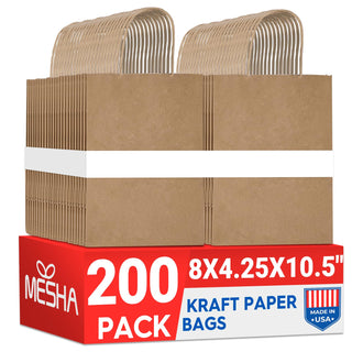 MESHA Brown Paper Bags 8x4.25x10.5 Inch 20Pcs, Paper Bags with Handles, Sturdy Brown Gift Bags for Retail, Birthday Party Favors, Shopping, Small Business (Made in USA)