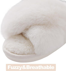 Evshine Women's Fuzzy Slippers Cross Band Memory Foam House Slippers Open Toe