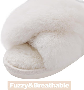 Evshine Women's Fuzzy Slippers Cross Band Memory Foam House Slippers Open Toe