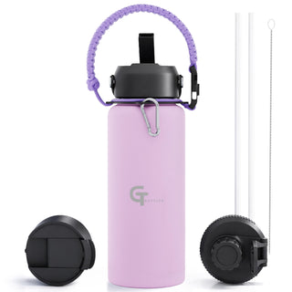 32oz Insulated Stainless Steel Water Bottle with 3 Lids & Paracord Handle – Leakproof Wide Mouth Metal Sports Bottle for Gym, School & Travel (White, 32oz)