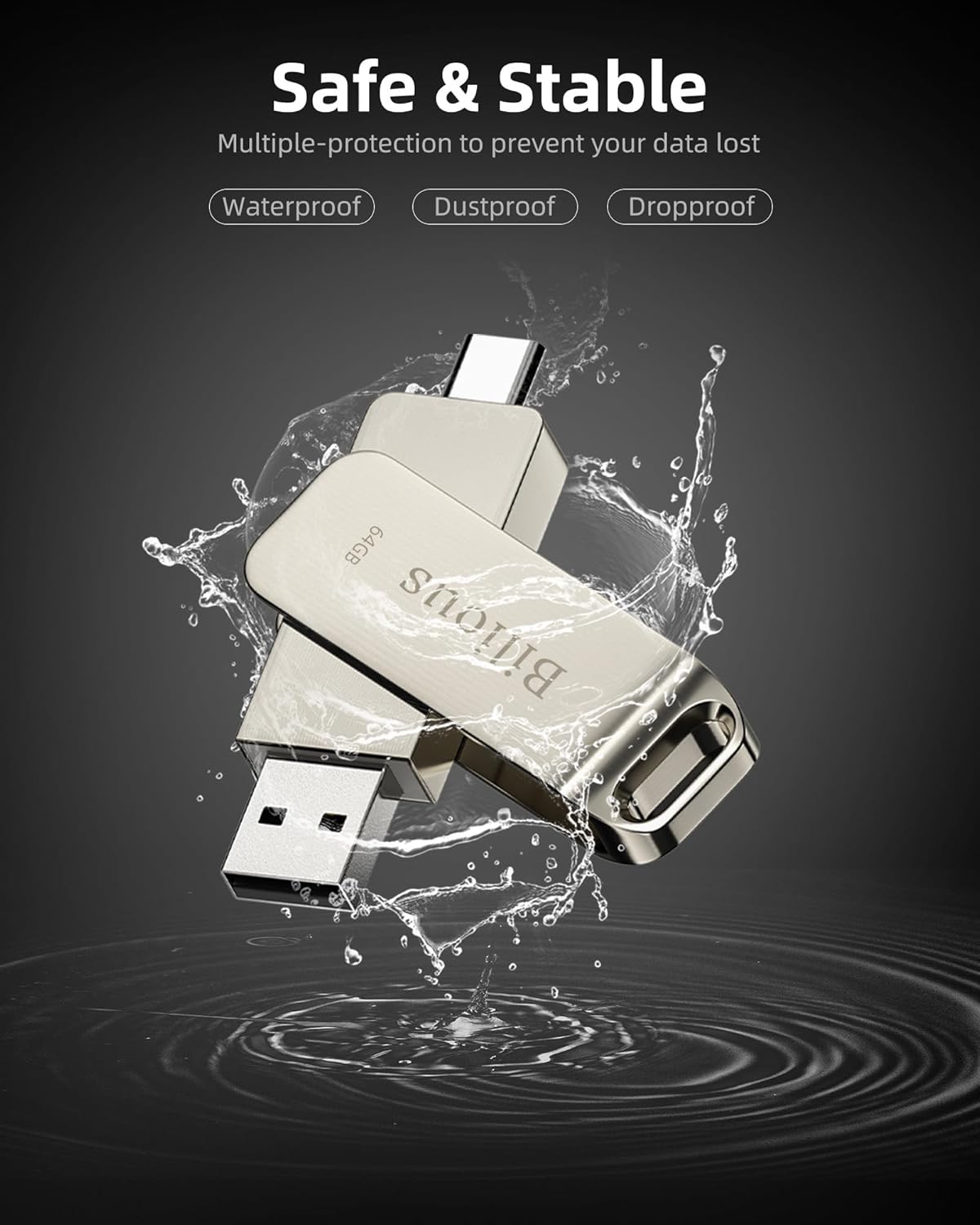 Bilious Custom Personalized USB C Flash Drive 32GB/64GB/128GB/256GB, Metal 360° Rotation Style USB 3.0 Thumb Drive, 2 in 1 Dual Portable Memory Stick, Waterproof Jump Drive