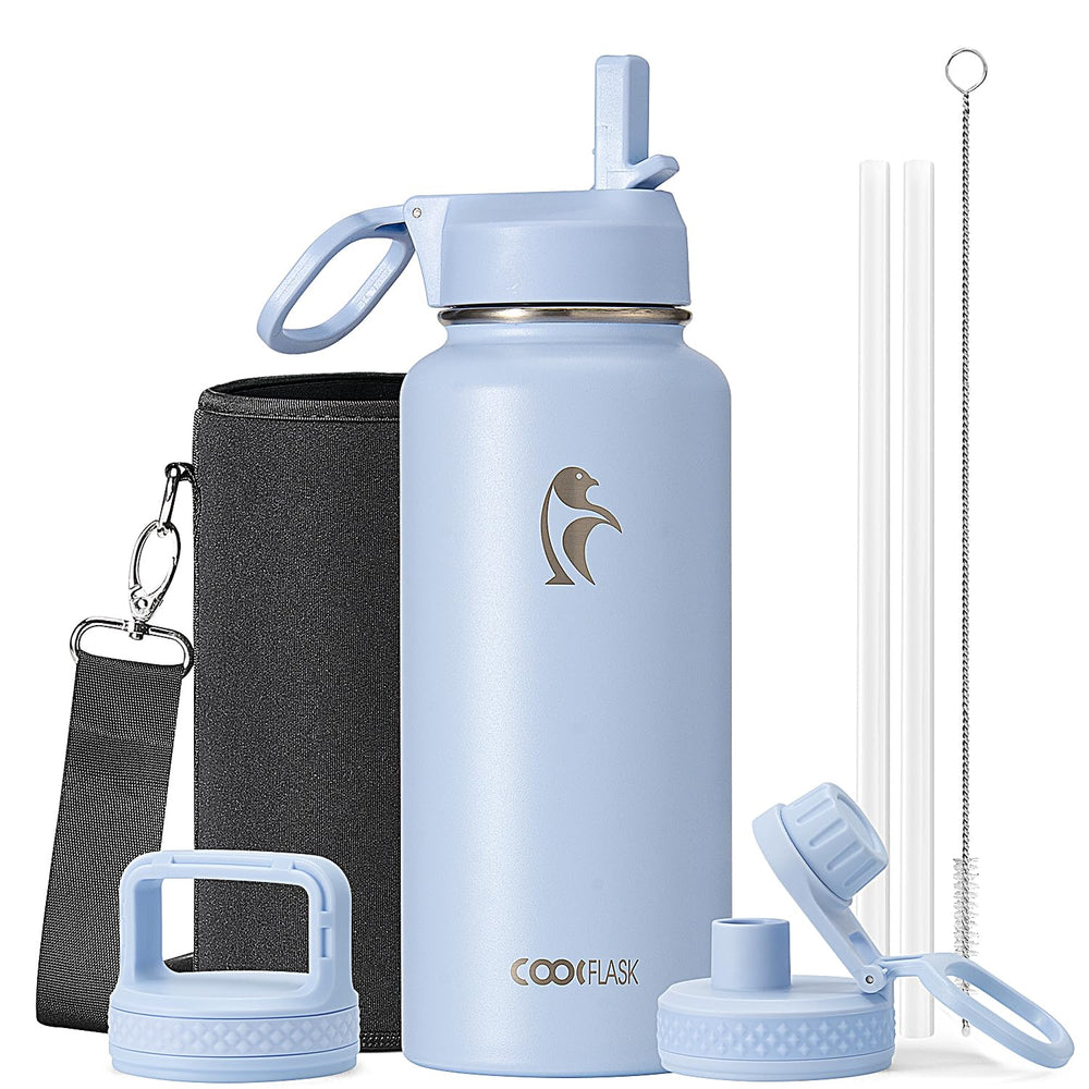 Water Bottle 40 oz Insulated with Straw&Brush, Coolflask Vaccum Stainless Steel Metal 3 Lids Water Flask for Sports, Gym or Office, Keep Cold 48H Hot 24H, Magic Black