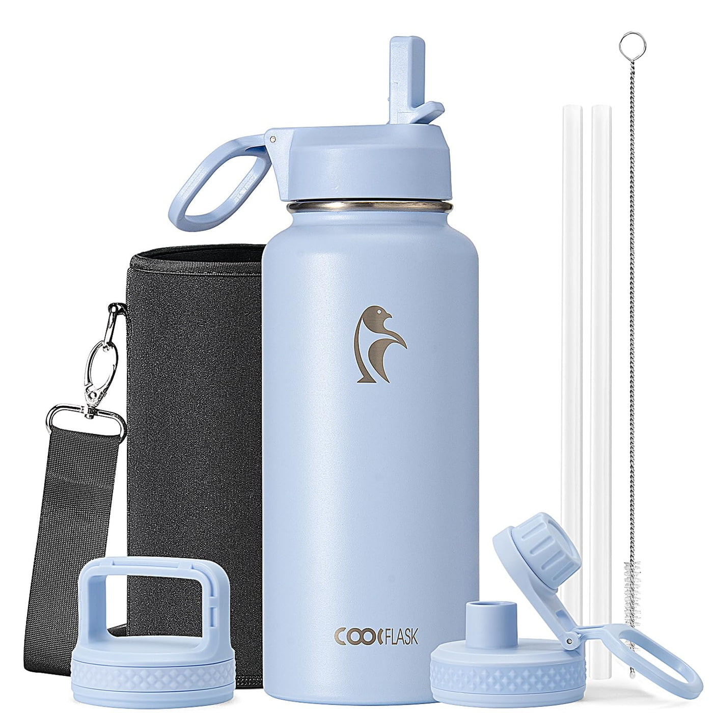 Water Bottle 40 oz Insulated with Straw&Brush, Coolflask Vaccum Stainless Steel Metal 3 Lids Water Flask for Sports, Gym or Office, Keep Cold 48H Hot 24H, Magic Black