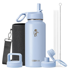 Water Bottle 40 oz Insulated with Straw&Brush, Coolflask Vaccum Stainless Steel Metal 3 Lids Water Flask for Sports, Gym or Office, Keep Cold 48H Hot 24H, Magic Black