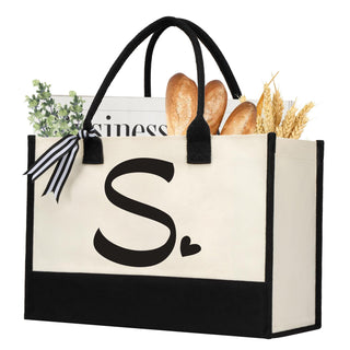 shenee Initial Canvas Tote Bag, Personalized Beach Jute Bag Present for Women Holiday,Friends Birthday Gift,Wedding, New Year