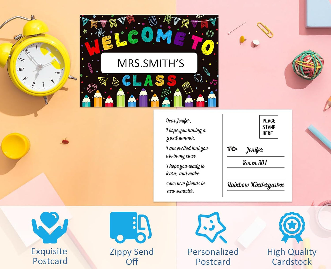 Welcome Back to School Postcards for Students - 30PCS Personalized Nmae Welcome to Our Class Teacher Postcards for Kids Kindergarten Preschool Elementary School Gifts Supplies